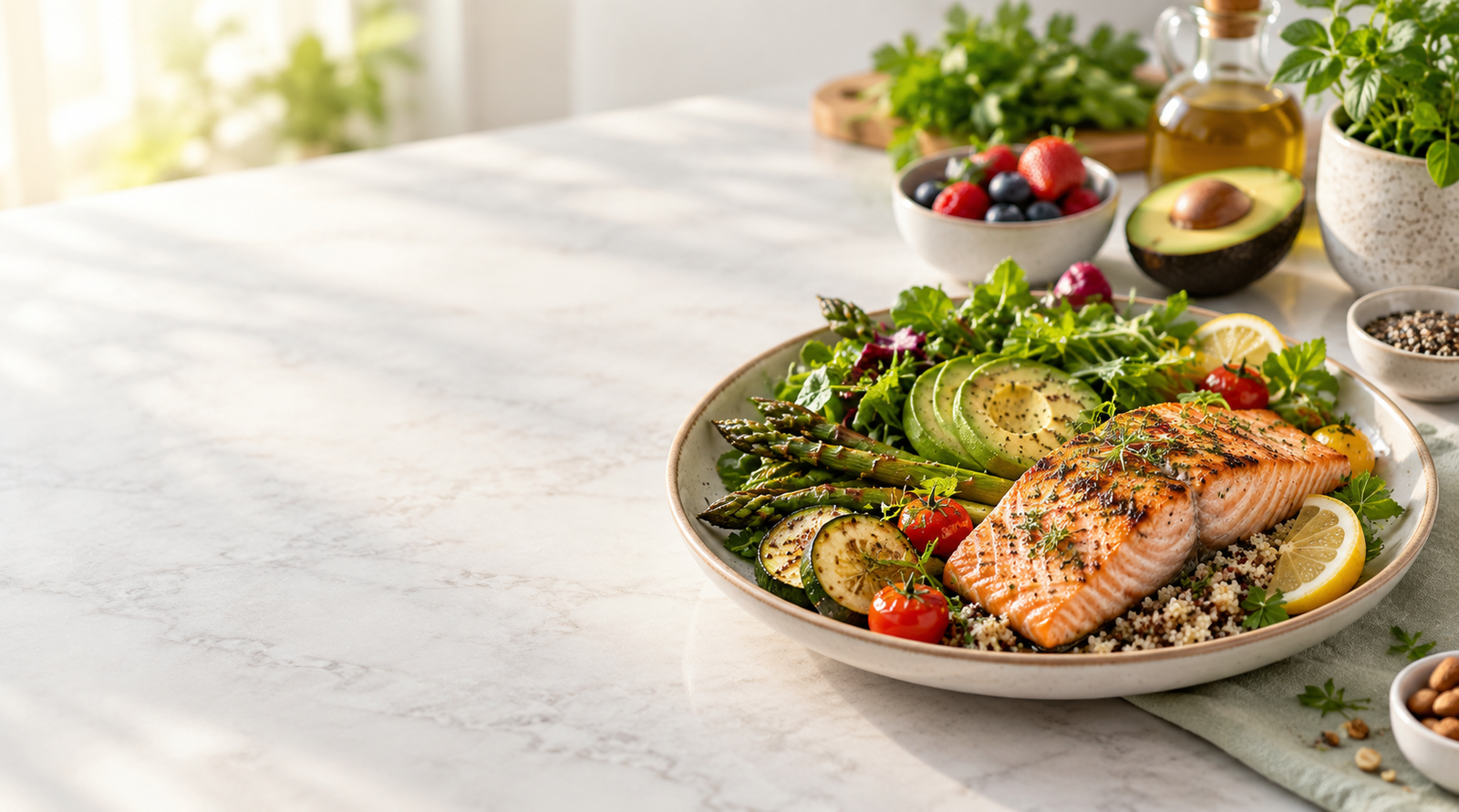 Healthy balanced meal with fresh vegetables, protein, and whole grains