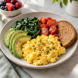 Healthy diabetes-friendly breakfast with fresh fruit, protein, and whole grains