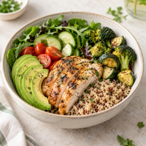 Healthy diabetes-friendly lunch with lean protein, vegetables, and whole grains