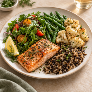 Healthy diabetes-friendly dinner with lean protein and fresh vegetables