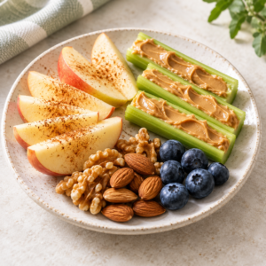 Healthy diabetes-friendly snacks with fruit, nuts, and yogurt