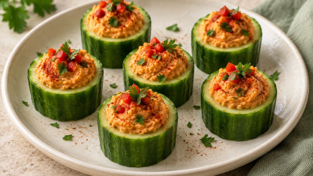 Six thick cucumber rounds topped with piped roasted red pepper hummus, diced pepper, parsley and smoked paprika